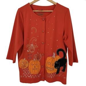 Onque Casuals Halloween Cardigan XL Pumpkin Black Cat Rhinestone Orange Button